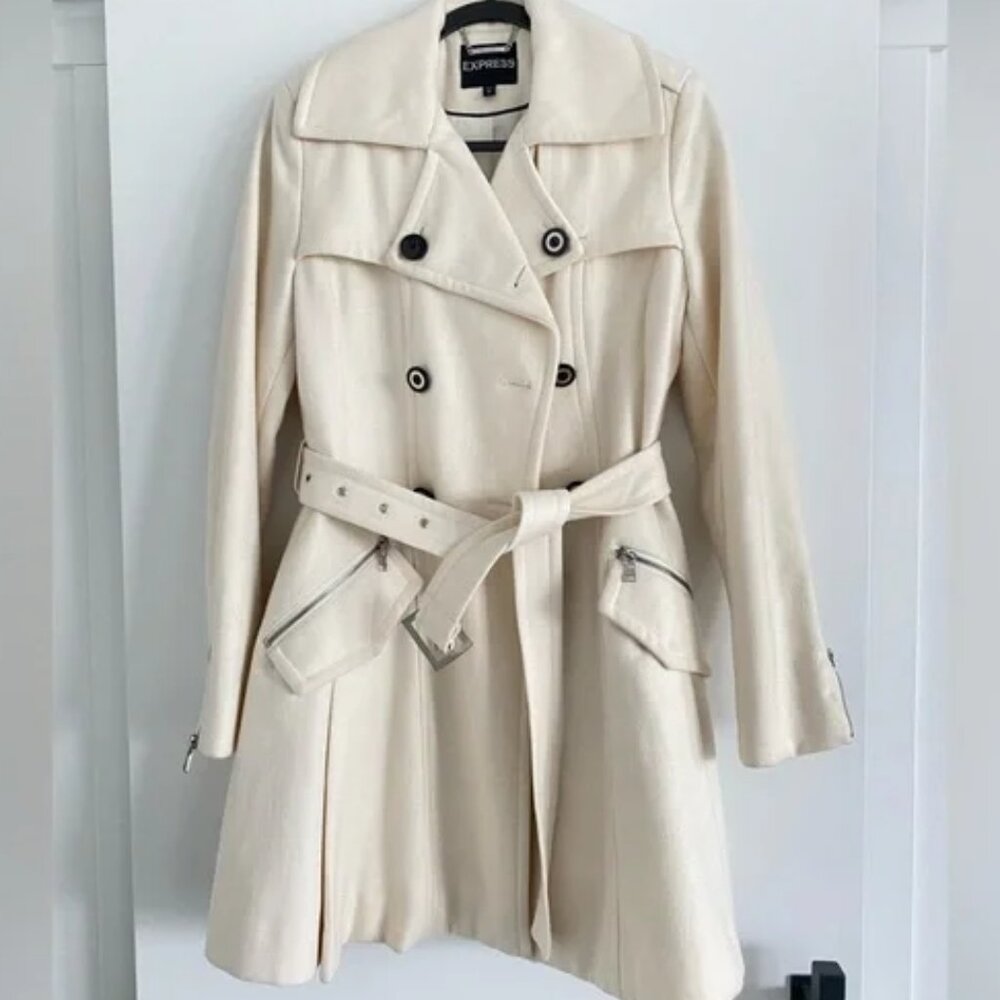 Express White Double Breasted Belted Pea Coat